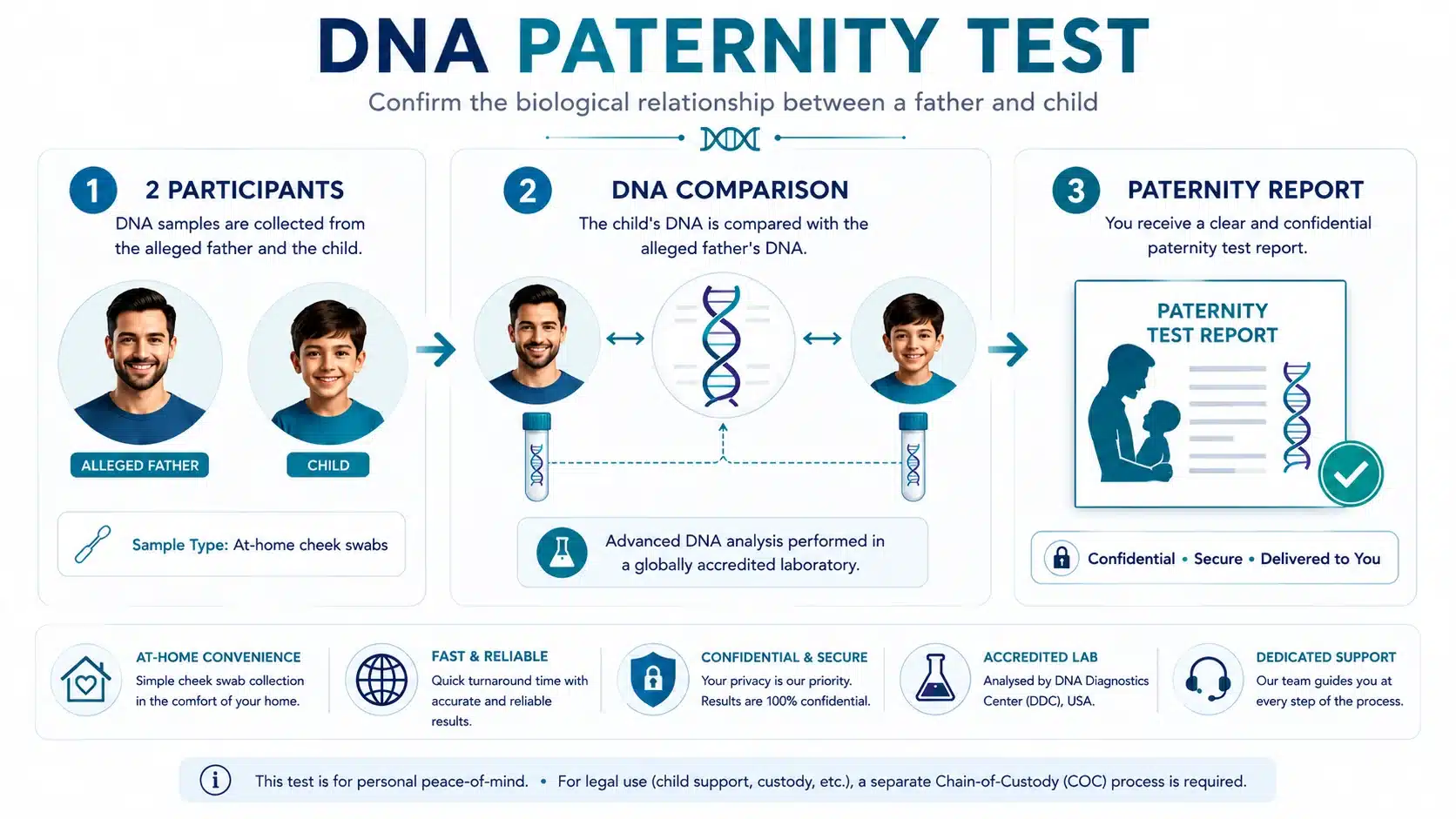DNA paternity test process showing alleged father and child cheek swab collection, DNA comparison and confidential paternity relationship report
