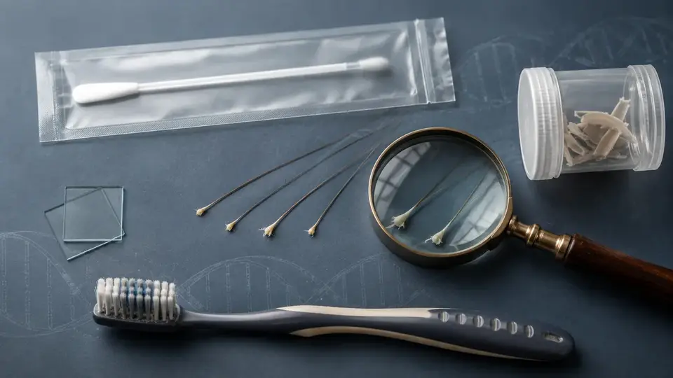 DNA test samples including cheek swab, hair with roots, nail clippings and toothbrush