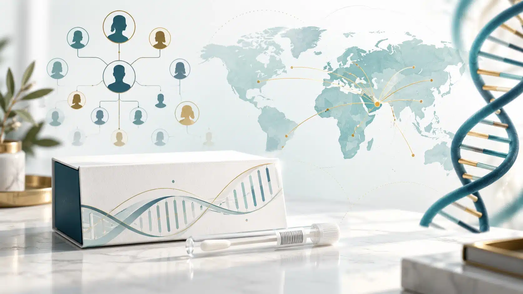 Ancestry DNA home swab kit with a family tree, global ancestral connections and a DNA double helix.