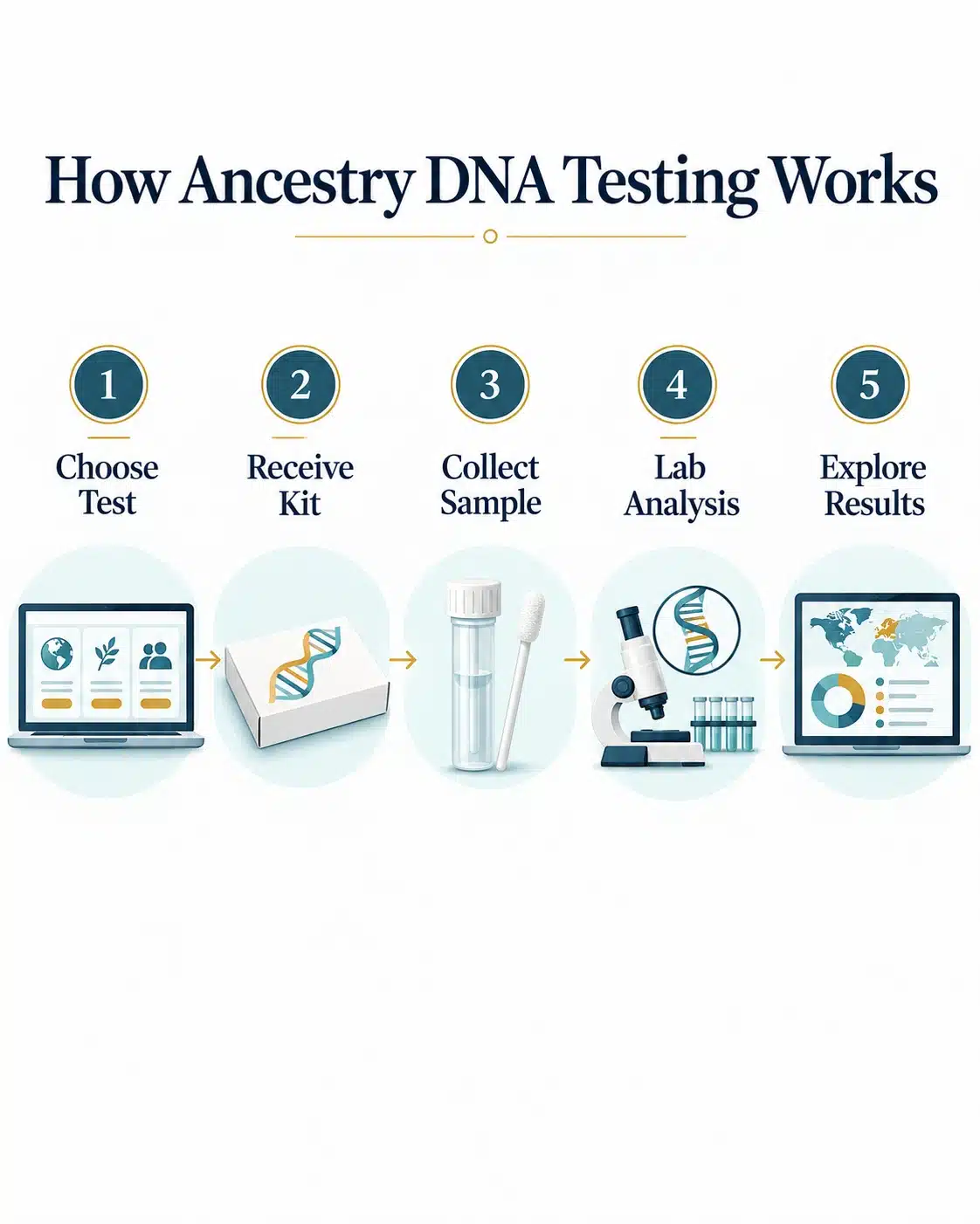 Five stages of ancestry DNA testing: test selection, DNA kit, cheek-swab sampling, laboratory analysis and results.