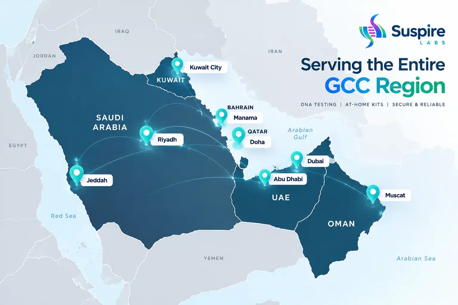 Map of the GCC region highlighting Suspire Labs' service areas for DNA testing in UAE, Saudi Arabia, Qatar, Oman, and Bahrain.